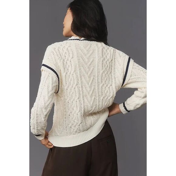Anthropologie Cable Knit Bomber Sweater XS Cottage Academia Fisherman Cardigan - Picture 10 of 11